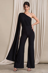 Aurora | Black One Shoulder Cape Sleeve Jumpsuit