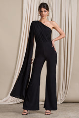 Aurora | Black One Shoulder Cape Sleeve Jumpsuit