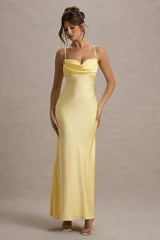 Eimear | Lemon Satin Draped Sweetheart Maxi Dress