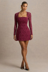 Bijou | Burgundy Square-Neck Lace Long-Sleeve Mini Dress