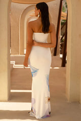 Ceremony | Soft Blue Placement Floral Print Bandeau Fishtail Maxi Dress