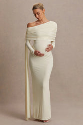 Cyra | Cream Asymmetric-Neck Maternity Maxi Dress With Sash