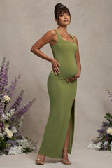 Avril | Olive Square Neck Maternity Maxi Dress with Split