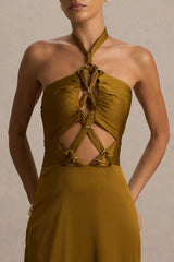 Aleera | Olive Chiffon Halter-Neck Maxi Dress With Cut-Out Detail
