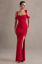 Amoura | Red Square-Neck Draped Wrap Maxi Dress