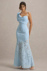 Chyna | Light Blue Cowl-Neck Maxi Dress With Bow Strap