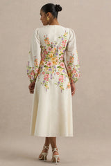 Dahlia | White Floral Border Print High-Neck Midi Dress