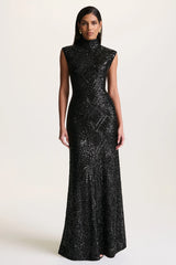 Cecy | Black Sequin High-Neck Maxi Dress With Cap Sleeves