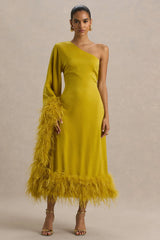 Destiny | Yellow Satin Asymmetric-Neck Midi Dress With Feather Details