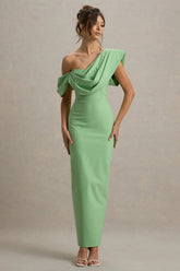 Angelina | Green Draped Shoulder Maxi Dress