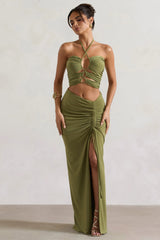 Cabo | Olive Ruched Split Maxi Skirt
