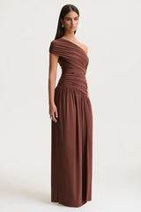Emberly | Brown Draped Asymmetric-Neck Maxi Dress With Drop-Waist
