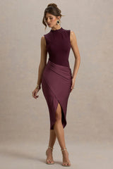 All Yours | Dark Cherry Satin High-Neck Wrap Midi Dress