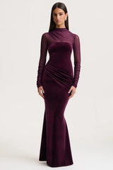 Cambria | Plum Velvet High-Neck Maxi Dress With Draped-Detailing