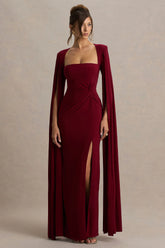 Claretta | Berry Square Neck Twisted Maxi Dress With Cape Sleeves