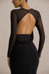 Bethan | Black Cowl-Neck Maxi Dress With Mesh Sleeves And Open-Back
