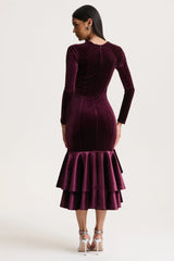 Emberlyn | Burgundy Velvet Scoop-Neck Fishtail Midi Dress