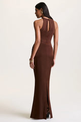 Akari | Brown Crew-Neck Maxi Dress With Satin Skirt