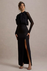 Alder | Black Mesh Long-Sleeve Ruffled Split Maxi Dress