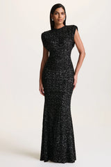 Aurah | Black Sequin Crew-Neck Maxi Dress With Cap Sleeves