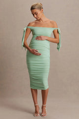 Chandelier | Light Green Bardot Maternity Midi Dress With Bow Details