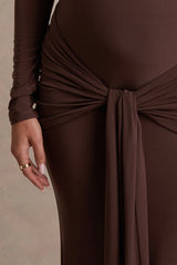Aveny | Brown Crew-Neck Maternity Maxi Dress With Ruched-Detailing And Sash