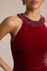 Darya | Burgundy Velvet Embellished High-Neck Maxi Dress