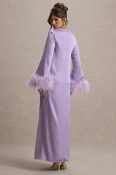 Adella | Lilac Satin Feather-Trim Maxi Dress