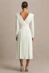 Alexis | Cream Plunge-Neck Midi Dress With Draped And Ruched Detailing