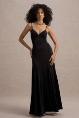 Ashly | Black Satin Maxi Dress With Volume Hem