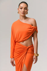 Dua | Orange Asymmetric One-Sleeve Draped Top