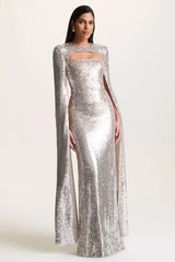 Devora | Silver Sequin Crew-Neck Maxi Dress With Cape Sleeves