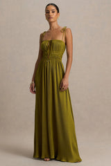 Azalea | Green Square-Neck Maxi Dress With Chest Cut-Out And Pleated Detailing