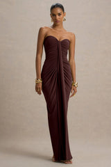 Ali | Warm Brown Sweetheart Ruched Wrap Maxi Dress