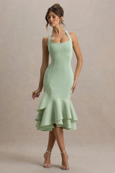 Arla | Light Green Halter Neck Ruffle Trim Midi Dress