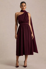 Caluna | Burgundy Satin Asymmetric-Neck Midi Dress With Scarf-Detail