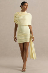 Farrah | Pale Lemon High-Neck Draped Mini Dress With Sash