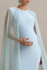Charlene | Powder Blue High-Neck Maternity Mini Dress With Mesh Cape