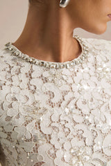 Beau | Ecru Lace Embellished Crew-Neck Maxi Dress With Draped Detail