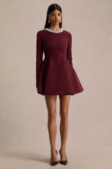 Eletta | Burgundy Embellished Crew-Neck Mini Dress