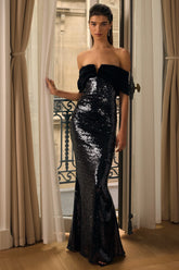 Bex | Black Sequin And Velvet Bardot-Neck Maxi Dress