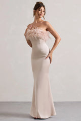 Dress For It | Champagne Satin Feather Trim Bandeau Maxi Dress