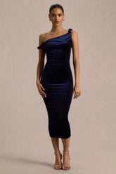 Carella | Navy Velvet Twisted Asymmetric Midi Dress