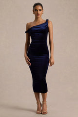 Carella | Navy Velvet Twisted Asymmetric Midi Dress