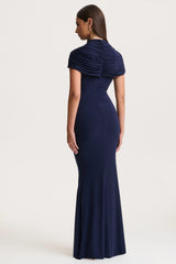 Azaria | Navy High-Neck Maxi Dress With Ruched Detailing
