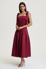 Alberta | Burgundy Satin Square-Neck Midi Dress With Bow Straps