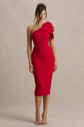 Ambretta | Red One-Shoulder Midi Dress With Bow