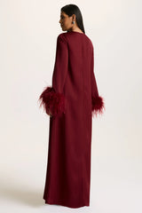 Adella | Burgundy Satin Feather-Trim Maxi Dress