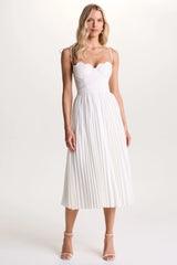 Agua | Cream Satin Sweetheart Midi Dress With Pleated Skirt