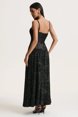 Allora | Black Sequin Square-Neck Maxi Dress With Pleated Skirt